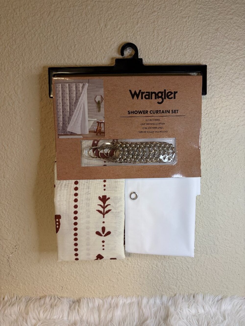 Wrangler Western Horseshoe Shower Curtain Liner Hooks 14 Piece Set 72x72 NWT
